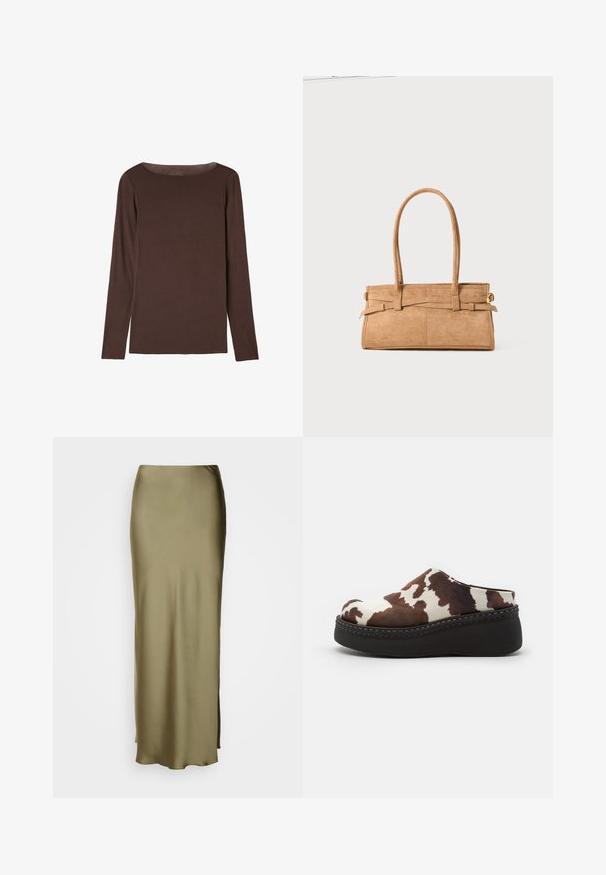 Brauner, langärmeliger Pullover aus weichem, elastischem Material mit rundem Halsausschnitt und lockerer Passform, der eine glatte Textur und minimales Design aufweist.; Lindex MARY - Maxirock - dusty green; Braune und weiße Kuhfell-Print-Plateausandalen mit einem weichen Obermaterial, abgerundeter Zehenpartie und einer robusten schwarzen Gummisohle. Nahtdetail an der Unterseite.; Tasche aus braunem Wildleder mit zwei langen Griffen, rechteckiger Form und dekorativer Naht. Verfügt über einen seitlichen Riemen und subtile goldene Hardwareakzente.