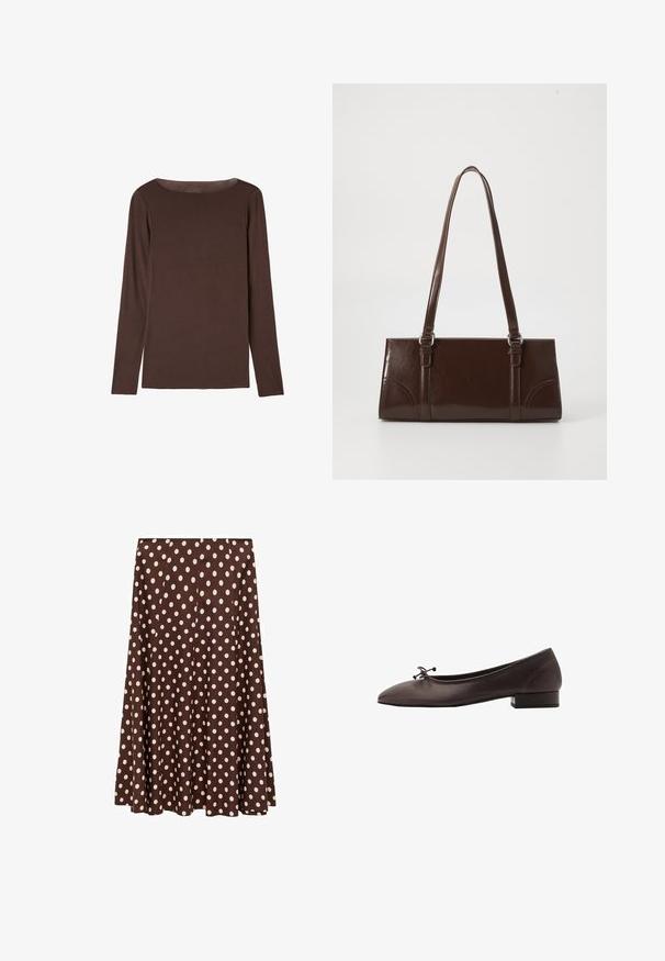 Camiseta de manga larga marrón hecha de un material suave y elástico, con un escote redondeado y un corte relajado, que presenta una textura lisa y un diseño minimalista.; Mango ROMEO - Falda acampanada - brown; Bailarinas de cuero marrón con puntera redondeada y pequeño tacón bloque. Presentan un lazo delgado en la parte delantera y detalles de costura sutiles.; Bolso de mano de piel sintética marrón con forma rectangular, dos asas largas y sutiles acentos curvados en la parte delantera.