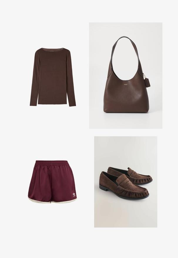 Brauner, langärmeliger Pullover aus weichem, elastischem Material mit rundem Halsausschnitt und lockerer Passform, der eine glatte Textur und minimales Design aufweist.; adidas Originals SPRINTER - Shorts - maroon cream white; Braune Wildleder-Loefer mit sanfter Textur, Mokassin-artiger Naht und runder Spitze. Schwarze Gummisohle und ein gefaltetes Lederdetail am Schaft.; COACH BROOKLYN SHOULDER BAG - Handtasche - brown