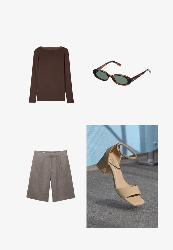Brown long-sleeve top made of soft, stretchy material with a round neckline and a relaxed fit, featuring a smooth texture and minimal detailing.; Gray linen shorts with a relaxed fit, featuring a flat front, two front pleats, and side pockets. Smooth texture with no visible patterns.; Beige block-heeled sandal with a square toe, minimal straps, and an ankle buckle. Smooth, matte material against a gray surface.; Tortoiseshell sunglasses with oval frames and green lenses. Features thin arms with a metallic accent near the hinges.; Woven brown leather handbag with a rounded top handle and an open silhouette, featuring a textured surface and sleek, minimalist design.