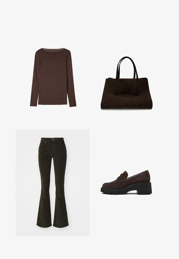 Brown long-sleeve top made of soft, stretchy material with a round neckline and a relaxed fit, featuring a smooth texture and minimal detailing.; Flared corduroy pants in dark green. Features front pockets, button closure, and a soft, textured fabric with ribbed pattern.; Brown suede loafers with a flat, ridged black platform sole, featuring a rounded toe and a decorative strap across the upper.; Brown suede handbag with elongated handles, rectangular shape, and a smooth texture. No visible hardware or embellishments.