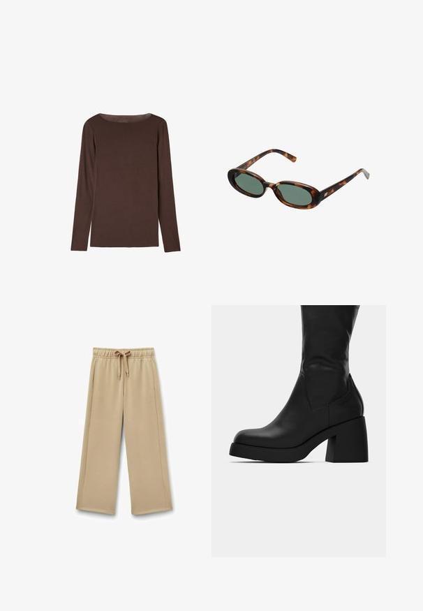 Brauner, langärmeliger Pullover aus weichem, elastischem Material mit rundem Halsausschnitt und lockerer Passform, der eine glatte Textur und minimales Design aufweist.; Beige weite Sweathosen mit einem elastischen Bund, verstellbarem Kordelzug und Seitentaschen; weicher Stoff mit glatter Textur.; Schwarze Lederstiefelette bis zur Mitte der Wade mit kräftigem Blockabsatz und runder Zehenpartie, seitliche Ansicht auf weißem Hintergrund.; Schildpatt-Sonnenbrille mit ovalen Rahmen und grünen Gläsern. Verfügt über dünne Bügel mit einem metallischen Akzent in der Nähe der Scharniere.