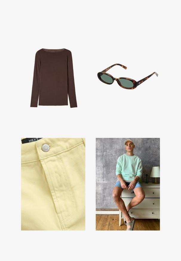 Brown long-sleeve top made of soft, stretchy material with a round neckline and a relaxed fit, featuring a smooth texture and minimal detailing.; Close-up of yellow denim fabric featuring a button and stitching details, with a visible label that reads "NEXT DENIM."; Mint green sweatshirt, denim shorts, and olive green slip-on shoes. Sitting on a light-colored chest of drawers against a textured gray wall.; Tortoiseshell sunglasses with oval frames and green lenses. Features thin arms with a metallic accent near the hinges.; Tan suede handbag with two long handles, rectangular shape, and decorative stitching. Features a side strap and subtle gold hardware accents.