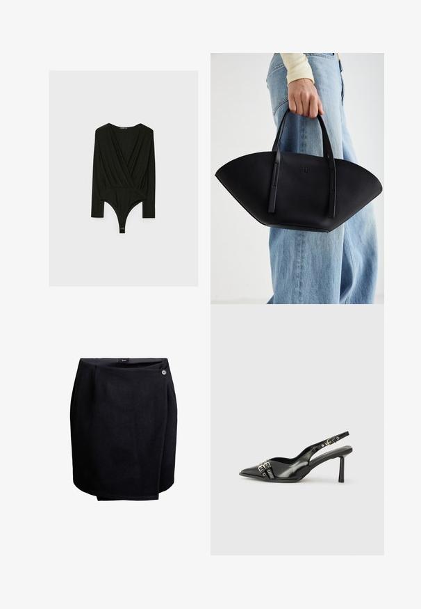 Čierny body s dlhým rukávom, výstrihom do V, zvolený strih a patentkovým zapínaním na spodnej strane. Vyrobené z mäkkej tkaniny s hladkou štruktúrou.; Čierna sukňa zabalovacím štýlom s jedným gombíkom na bočnej strane, vyrobená z hladkej tkaniny, po kolená s miernym prekrytím.; Čierne lakované kožené slingback topánky s špicatou špičkou, remienkami okolo členku s striebornými prackami a hardvérom, a štíhlým podpätkom.; Čierna kožená kabelka s jedinečným tvarom ventilátora, so plochými držadlami. Povrch má štruktúru s brúseným efektom a minimalistic design.