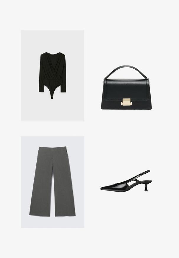 Body noir à manches longues avec décolleté en V, design enveloppant et fermeture pressionnée au bas. Fabriqué en tissu doux avec une texture lisse.; Pantalons amples gris avec un motif à fines rayures, dotés de deux poches latérales et d'un design de ceinture lisse.; Escarpins slingback en cuir verni noir avec un bout pointu, un design découpé sur les côtés et un petit talon carré. Texture lisse avec des accents minimaux.; Sac à main en cuir noir au design structuré, avec une poignée supérieure et un détail de fermoir en métal doré à l'avant. Texture lisse, couture minimale.