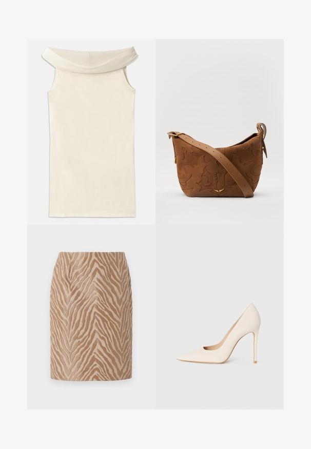 Õlgadelt avatud beež kleit, mis on valmistatud siledast kangast, laia kaelusega ja ilma varrukateta, sirge lõike ja puhta servaga.; Beež mini seelik, millel on tekstuuriga zebra triibuline muster tumedamates toonides. Omab siledat viimistlust ja kohandatud lõiget ees olevate kortsudega.; Beige teravikuga kõrge kontsaga king, millel on stiletto konts ja sile tekstuur, esitletud lihtsal heledal taustal.; Pruun sametist õlavarre kott, millel on reljeefne lillemuster, mida täiendab sile pruun nahast rihm ja kuldse tooni lisandid.