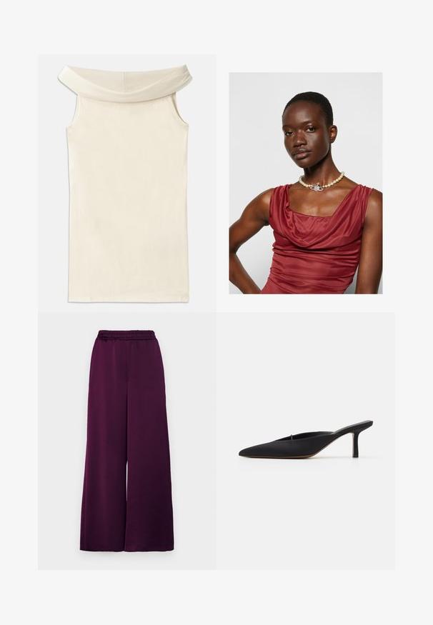 Beige off-shoulder jurk van soepel materiaal, met een brede halslijn en mouwloos design, rechte snit en een nette zoom.; MAX&Co. ACRUX - Broek - most; Zwarte muiltje met spitse neus en een strak ontwerp, gemaakt van gladde stof, met een slanke hak en open achterkant voor gemakkelijk aan- en uittrekken.; Kraagloze, diep rode jurk met een gladde textuur. Voorzien van een parelketting met een decoratieve zilveren accent in het midden.