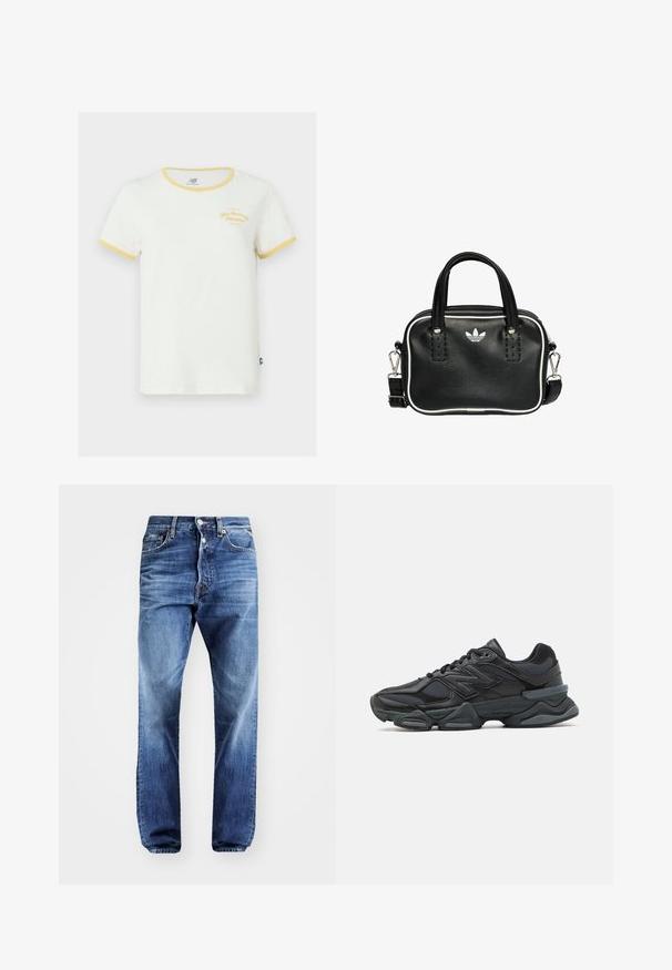 Valkoinen puuvillainen t-paita, jossa on keltainen ribbikrahti ja hihansuut. Edessä brodeerattu logo keltaisena. Normaalille istuvuudelle.; Vaaleansiniset farkut, joissa on suora malli, viisi taskua ja nappisuljenta. Haalistunut pinta, jossa on hienovarainen kulutusedustus.; Musta juoksukenkä, jossa on yhdistelmä verkko- ja synteettisiä materiaaleja, paksu pohja, kaareva muotoilu ja näkyvä brändäys sivussa.; Musta nahkainen käsilaukku, jossa on kaksi lyhyttä kahvaa, hopeiset yksityiskohdat, valkoiset tehosteet ja valkoinen logo. Sisältää teksturoidun pinnan ja kompaktin muotoilun.