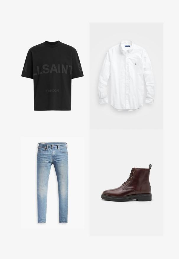 Black oversized T-shirt with dark grey "ALLSAINTS" text across chest and "LONDON" in smaller letters below.; White long-sleeve button-up shirt in cotton. Features a classic collar, button cuffs, and a small navy embroidered logo on the chest.; Light blue slim-fit jeans with slight fading on thighs, front button closure, belt loops, and five-pocket styling on a white background.; Brown leather ankle boots with round toe, seven eyelet lace-up front, and a black rubber sole. Features a pull tab at the heel.