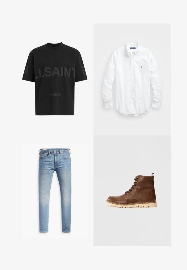 Black oversized T-shirt with dark grey "ALLSAINTS" text across chest and "LONDON" in smaller letters below.; White long-sleeve button-up shirt in cotton. Features a classic collar, button cuffs, and a small navy embroidered logo on the chest.; Light blue slim-fit jeans with slight fading on thighs, front button closure, belt loops, and five-pocket styling on a white background.; Brown leather ankle boot with a textured finish, featuring round brown laces, a pull tab, and a light-colored rubber sole with grooves.