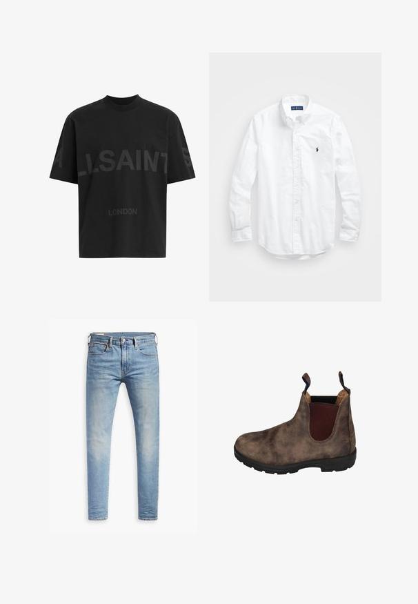 T-shirt noir surdimensionné avec le texte "ALLSAINTS" en gris foncé sur la poitrine et "LONDON" en lettres plus petites en dessous.; Chemise blanche à manches longues en coton. Dotée d'un col classique, de poignets à boutons et d'un petit logo brodé bleu marine sur la poitrine.; Jean slim bleu clair avec un léger délavage sur les cuisses, fermeture à bouton à l'avant, passants de ceinture et style à cinq poches sur fond blanc.; Bottines en cuir marron avec des panneaux élastiques sur les côtés, finition texturée, semelle en caoutchouc noir et languette au talon pour un enfilage facile.