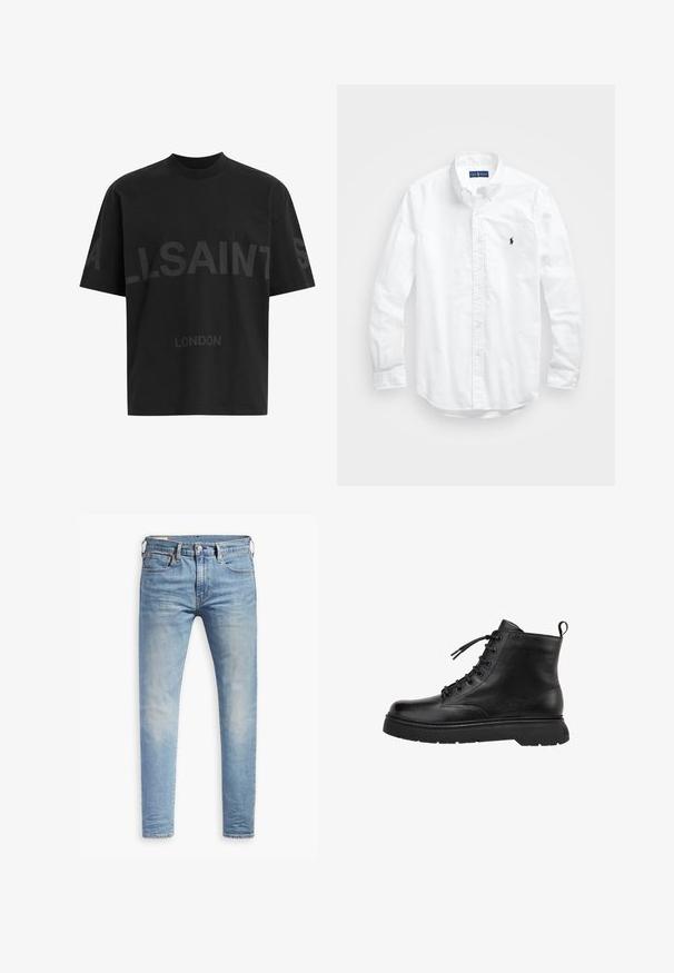 Černé oversized tričko s tmavě šedým nápisem "ALLSAINTS" na hrudi a menším textem "LONDON" pod ním.; Bílá košile s dlouhým rukávem a knoflíkovým zapínáním vyrobená z bavlny. Má klasický límec, knoflíkové manžety a malé námořnické vyšívané logo na hrudi.; Světle modré slim-fit džíny s mírným vyblednutím na stehnech, zapínání na knoflík vpředu, poutka na opasek a pět kapes na bílém pozadí.; Černá kožená kotníková bota s hladkým povrchem, kulatou špičkou a šněrováním v přední části. Má silnou gumovou podrážku a poutko na zadní straně.