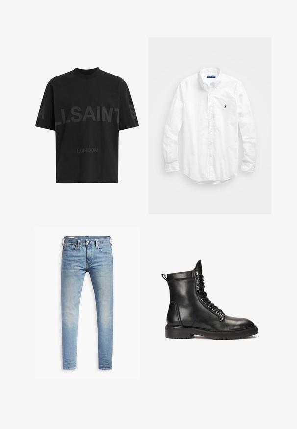 Juodas per didelis marškinėliai su tamsiai pilku „ALLSAINTS“ tekstu krūtinėje ir „LONDON“ mažesnėmis raidėmis žemiau.; Balta ilga rankovė mygtukų marškiniai iš medvilnės. Pasižymi klasikinėmis apykaklėmis, mygtukų rankogaliais ir mažuoju tamsiai mėlynu siuviniu su logotipu ant krūtinės.; Šviesiai mėlyni aptempti džinsai su lengvu nudėvėjimu šlaunyse, priekyje užsegami mygtuku, su diržo kilpelėmis ir penkių kišenių stiliumi ant baltos fono.; Kazar Studio CANRERTH - Suvarstomi aulinukai - black