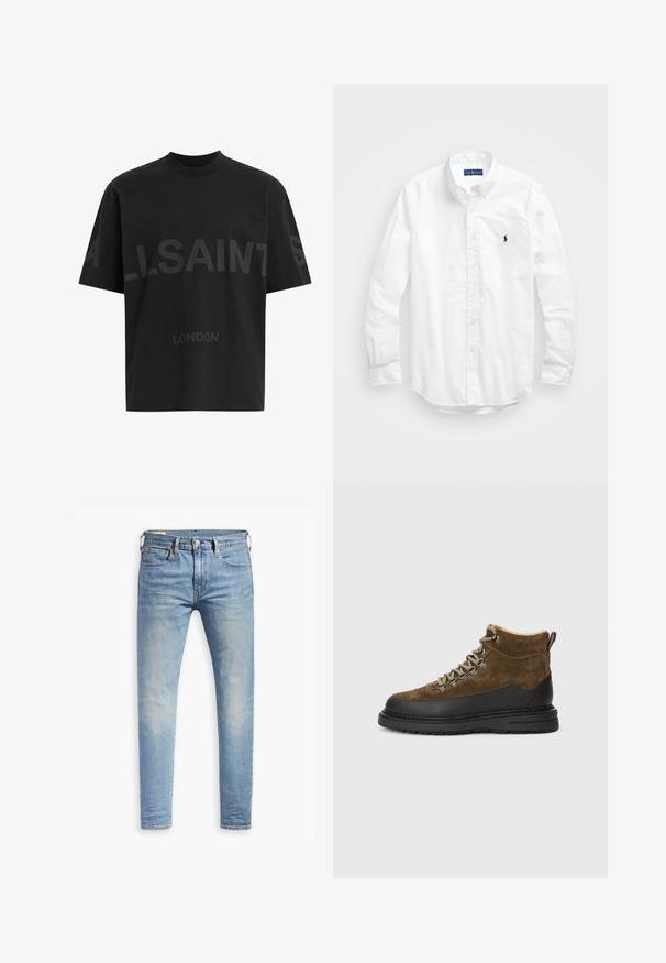 T-shirt oversized preta com texto em cinza escuro "ALLSAINTS" ao longo do peito e "LONDRES" em letras menores abaixo.; Camisa de botões de manga longa branca em algodão. Apresenta um colarinho clássico, punhos com botão e um pequeno logótipo bordado em azul-marinho no peito.; Jeans slim fit em azul claro com leve desbotamento nas coxas, fecho frontal por botão, passantes para cinto e estilo de cinco bolsos sobre um fundo branco.; Bota de caminhada em camurça castanha com sola de borracha preta, bico redondo e atacadores verdes. Possui um colarinho acolchoado e uma alça para facilitar o calçar.