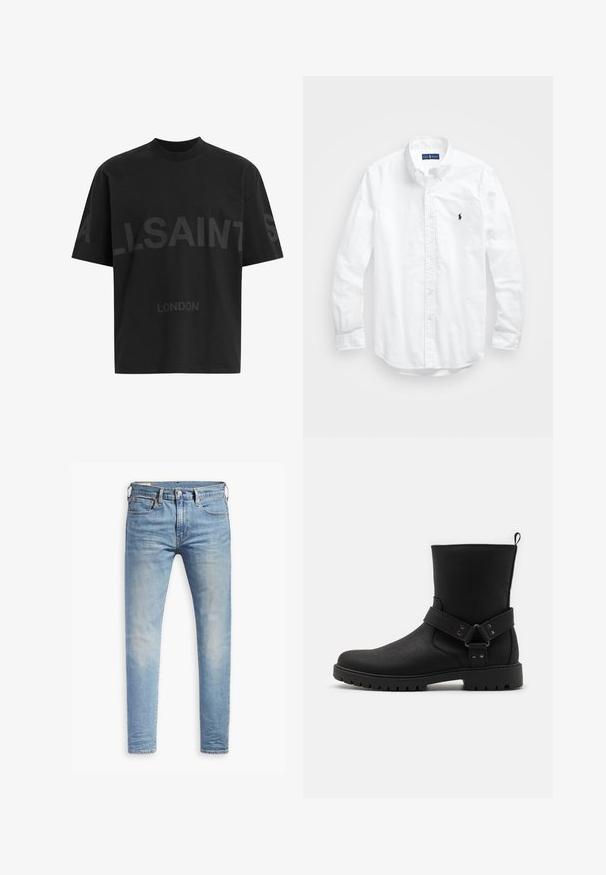 Black oversized T-shirt with dark grey "ALLSAINTS" text across chest and "LONDON" in smaller letters below.; White long-sleeve button-up shirt in cotton. Features a classic collar, button cuffs, and a small navy embroidered logo on the chest.; Light blue slim-fit jeans with slight fading on thighs, front button closure, belt loops, and five-pocket styling on a white background.; Black ankle boots with a textured leather upper, featuring a side strap with hardware accents and a lugged rubber sole for traction.