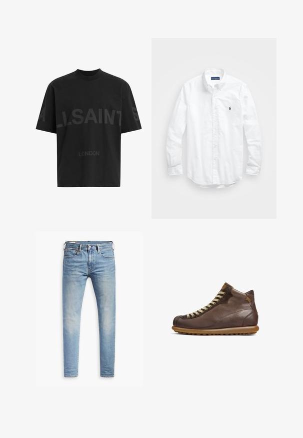 Schwarzes Baumwoll-T-Shirt mit lockerem Schnitt, vorne mit großem tonalem "ALLSAINTS"-Design und dem Schriftzug "LONDON". Kurzärmlig, rundhals.; Weißes Langarm-Hemd aus Baumwolle mit Knopfleiste. Es zeichnet sich durch einen klassischen Kragen, Knopfmanschetten und ein kleines, navyblaues gesticktes Logo auf der Brust aus.; Hellblaue Slim-Fit-Jeans mit leichtem Verblassen an den Oberschenkeln, vorderem Knopfverschluss, Gürtelschlaufen und Fünf-Taschen-Stil auf einem weißen Hintergrund.; Camper PELOTAS ARIEL - Schnürstiefelette - dunkelbraun