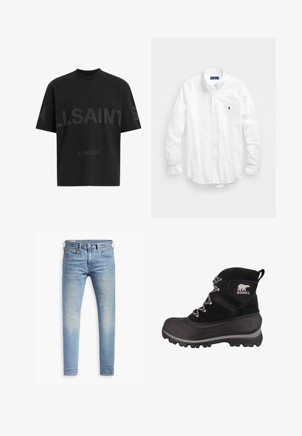 T-shirt nero oversize con il testo grigio scuro "ALLSAINTS" sul petto e "LONDON" in lettere più piccole sottostante.; Camicia bianca a maniche lunghe con bottoni in cotone. Presenta un colletto classico, polsini a bottone e un piccolo logo ricamato in blu navy sul petto.; Jeans slim fit blu chiaro con leggere sfumature sulle cosce, chiusura con bottone anteriore, passanti per cintura e cinque tasche su uno sfondo bianco.; Stivale invernale nero con tomaia in suede testurizzato, suola in gomma, hardware metallico e dettaglio del logo. Presenta un gambale alto e un robusto sistema di allacciatura.