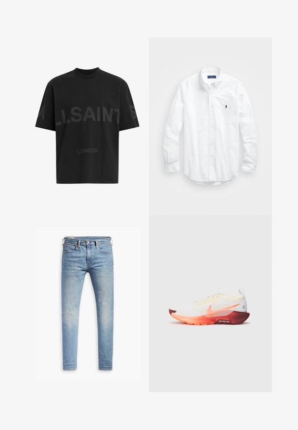 Sort oversized T-shirt med mørkegrå "ALLSAINTS" tekst på tværs af brystet og "LONDON" i mindre bogstaver nedenfor.; Hvid langærmet skjorte i bomuld. Har en klassisk krave, knapmanchetter og et lille marineblåt broderet logo på brystet.; Lyseblå slim-fit jeans med let slid på lårene, frontlukning med knap, bæltestropper og fem lomme-design på en hvid baggrund.; Nike Performance REACTX PEGASUS 5 GTX - Løbesko trail - sail/hyper crimson/glacier blue/dark team red/silt red