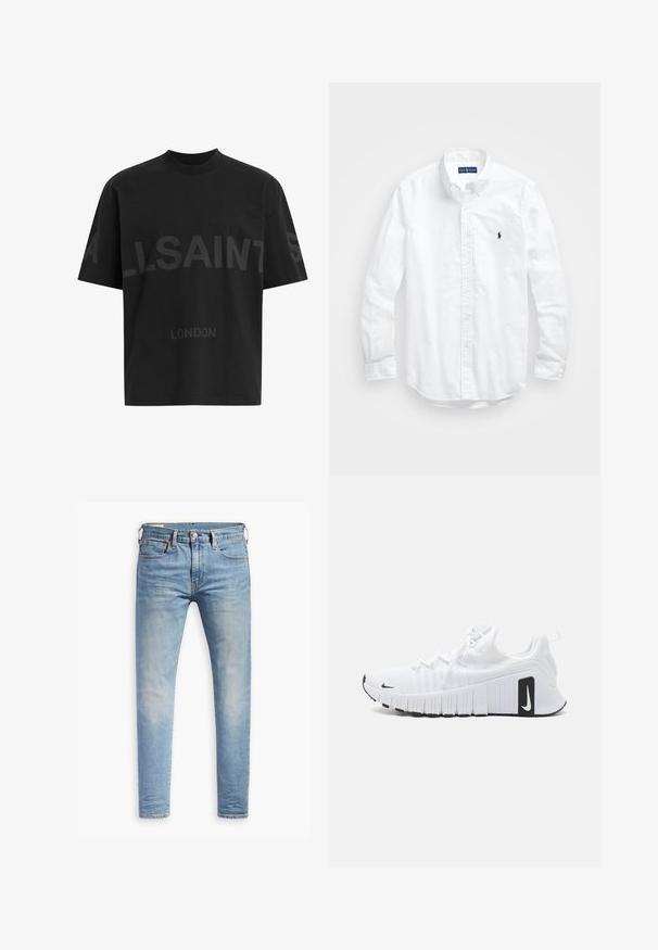 Zwarte oversized T-shirt met donkergrijze tekst "ALLSAINTS" over de borst en "LONDEN" in kleinere letters eronder.; Witte lange mouwen overhemd van katoen. Voorzien van een klassiek kraag, knopenmanchetten en een klein marineblauw geborduurd logo op de borst.; Lichtblauwe slim-fit jeans met een lichte vervaging op de dijen, knoopsluiting aan de voorkant, riemlussen en vijf-pocket styling op een witte achtergrond.; Witte sportieve schoenen met een textiel bovenwerk, flexibele zool en zwarte accenten. Heeft een ronde neus en een versterkte hielconstructie.