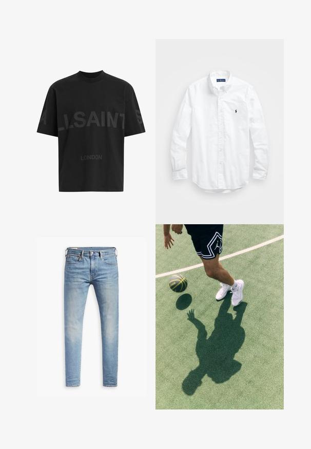 Schwarzes, übergroßes T-Shirt mit dunkelgrauem "ALLSAINTS"-Schriftzug über der Brust und "LONDON" in kleineren Buchstaben darunter.; Weißes Langarm-Hemd aus Baumwolle mit Knopfleiste. Es zeichnet sich durch einen klassischen Kragen, Knopfmanschetten und ein kleines, navyblaues gesticktes Logo auf der Brust aus.; Hellblaue Slim-Fit-Jeans mit leichtem Verblassen an den Oberschenkeln, vorderem Knopfverschluss, Gürtelschlaufen und Fünf-Taschen-Stil auf einem weißen Hintergrund.; Schwarze Sportshorts mit weißen Akzenten und einem Logo, weiße Sneakers und ein Basketball in der Luft auf einem grünen Platz, mit einem sichtbaren Schatten.