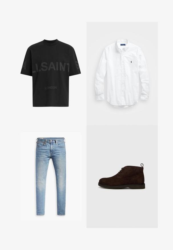 Black oversized T-shirt with dark grey "ALLSAINTS" text across chest and "LONDON" in smaller letters below.; White long-sleeve button-up shirt in cotton. Features a classic collar, button cuffs, and a small navy embroidered logo on the chest.; Light blue slim-fit jeans with slight fading on thighs, front button closure, belt loops, and five-pocket styling on a white background.; Brown suede ankle boots with a rounded toe, featuring laces and a pull tab at the back, set on a rubber sole with a textured surface.