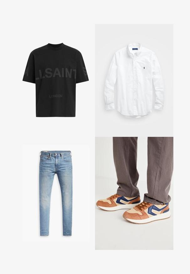 Musta puuvillainen rento t-paita, jossa suuri samansävyinen "ALLSAINTS" -kuvio ja "LONDON"-teksti edessä. Lyhyet hihat, pyöreä pääntie.; Valkoinen pitkähihaisessa napitetussa paidassa, joka on valmistettu puuvillasta. Siinä on klassinen kaulus, napilliset hihansuut ja pieni tummansininen brodeerattu logo rinnassa.; Vaaleansiniset slim fit -farkut, joissa on hieman haalistumista reiden kohdalla, edessä nappisuljenta, vyölenkit ja viisi taskua valkoista taustaa vasten.; Sneakerit, joissa on yhdistelmä ruskeaa samettia ja kermaista synteettistä materiaalia, siniset yksityiskohdat ja teksturoitu pohja; ruskeat nauhat; yhdistetty harmaiden raidallisten housujen kanssa.
