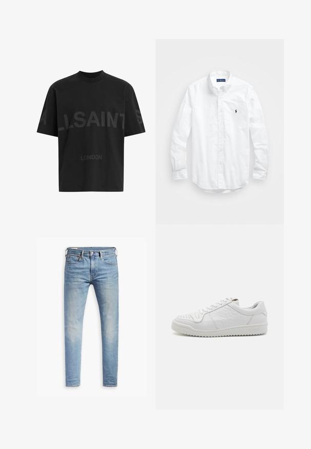 Zwarte oversized T-shirt met donkergrijze tekst "ALLSAINTS" over de borst en "LONDEN" in kleinere letters eronder.; Witte lange mouwen overhemd van katoen. Voorzien van een klassiek kraag, knopenmanchetten en een klein marineblauw geborduurd logo op de borst.; Lichtblauwe slim-fit jeans met een lichte vervaging op de dijen, knoopsluiting aan de voorkant, riemlussen en vijf-pocket styling op een witte achtergrond.; Witte leren sneakers met een gestructureerde zijpaneel en geperforeerde teen, voorzien van platte veters en een verhoogde rubberen zool. Merknaam "SANDRO" ingebosd op de hak.
