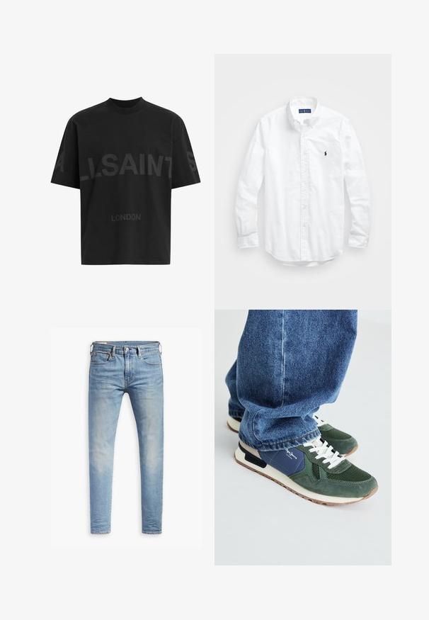 Fekete, túlméretes póló sötétszürke "ALLSAINTS" felirattal a mellkason, alatta kisebb betűkkel "LONDON" felirattal.; Fehér, hosszú ujjú, gombos férfiing pamutból. Klasszikus gallérral, gombos mandzsettával és egy kis sötétkék hímzett logóval a mellrészen.; Világoskék, slim fit farmernadrág enyhe kopással a combokon, elöl gombos záródással, övbujtatókkal és öt zsebbel, fehér háttérrel.; Zöld és tengerészkék sportcipők hálós és velúr részletekkel, fehér fűzőkkel és bézs talppal. Kék farmernadrággal viselve, felfedve a bokarészt.