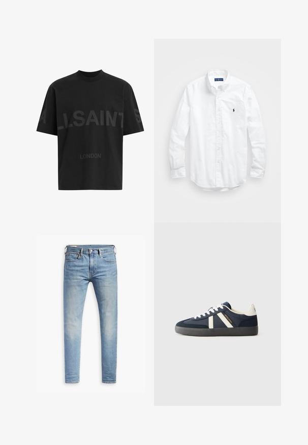 Cămășă oversized neagră cu text de culoare gri închis "ALLSAINTS" pe piept și "LONDON" în litere mai mici dedesubt.; Cămașă albă cu mânecă lungă și nasturi din bumbac. Are un guler clasic, manșete cu nasturi și un mic logo brodat în navy pe piept.; Jeans slim-fit de culoare albastru deschis, cu un ușor efect de decolorare pe coapse, închidere frontală cu nasture, bucle pentru Curea și stil de cinci buzunare, pe un fundal alb.; Adidași de culoare bleu marin cu sireturi albe, două dungi albe pe lateral, talpă neagră și brandul "JACK & JONES" în aurie și negru.