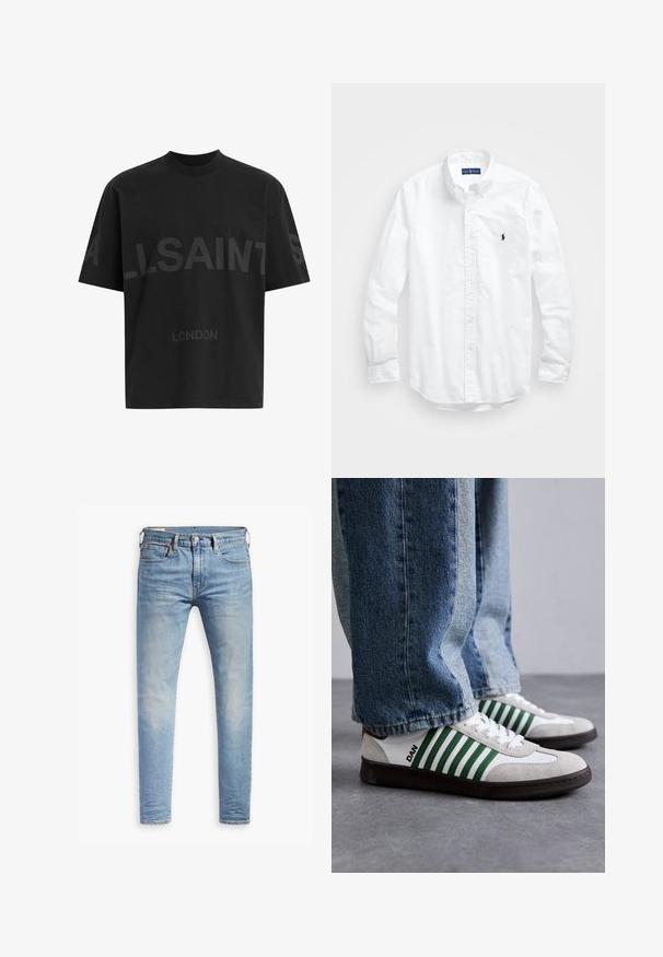 Fekete, túlméretes póló sötétszürke "ALLSAINTS" felirattal a mellkason, alatta kisebb betűkkel "LONDON" felirattal.; Fehér, hosszú ujjú, gombos férfiing pamutból. Klasszikus gallérral, gombos mandzsettával és egy kis sötétkék hímzett logóval a mellrészen.; Világoskék, slim fit farmernadrág enyhe kopással a combokon, elöl gombos záródással, övbujtatókkal és öt zsebbel, fehér háttérrel.; Fehér és zöld sportcipő, amely nubukból és bőrből készült, zöld csíkokkal, fehér fűzőkkel és gumi talppal rendelkezik. Kék farmernadrággal párosítva.