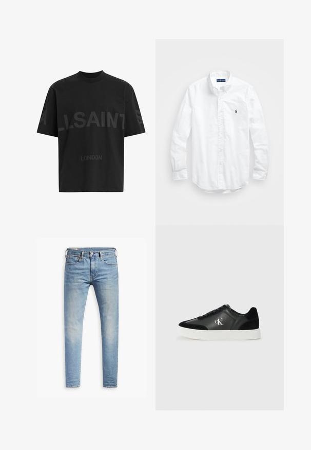 T-shirt oversized preta com texto em cinza escuro "ALLSAINTS" ao longo do peito e "LONDRES" em letras menores abaixo.; Camisa de botões de manga longa branca em algodão. Apresenta um colarinho clássico, punhos com botão e um pequeno logótipo bordado em azul-marinho no peito.; Jeans slim fit em azul claro com leve desbotamento nas coxas, fecho frontal por botão, passantes para cinto e estilo de cinco bolsos sobre um fundo branco.; Sapatilha de couro preto com detalhes em camurça, sola de borracha branca e logótipo. O design de cano baixo e o bico arredondado conferem um aspeto clássico.
