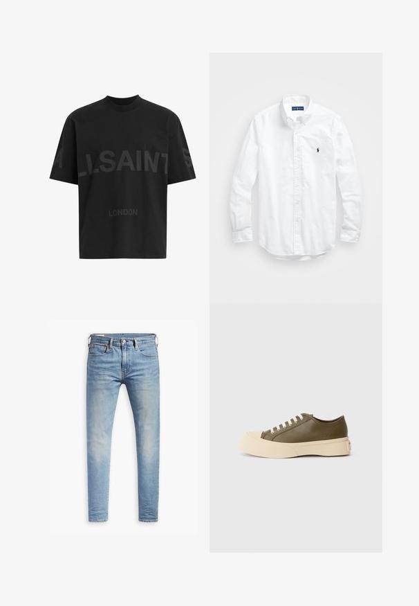Μαύρο oversized T-shirt με σκούρο γκρι κείμενο «ALLSAINTS» στο στήθος και «LONDON» σε μικρότερα γράμματα από κάτω.; Λευκό πουκάμισο μακριά μανίκια με κουμπιά από βαμβάκι. Διαθέτει κλασικό γιακά, κουμπιά στα μανίκια και μικρό ναυτικό κεντημένο λογότυπο στο στήθος.; Ανοιχτό μπλε τζιν σε στενή γραμμή, με ελαφριά φθορά στους μηρούς, κλείσιμο με κουμπί μπροστά, βρόχους ζώνης και πέντε τσέπες, σε λευκό φόντο.; Ελαιόλαδο πράσινο χαμηλό sneaker με χοντρή κρέμα σόλα και λευκά κορδόνια, τοποθετημένο σε λευκό φόντο.
