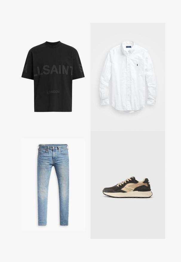 Camiseta negra de gran tamaño con el texto en gris oscuro "ALLSAINTS" en el pecho y "LONDON" en letras más pequeñas debajo.; Camisa blanca de manga larga de algodón con botones. Presenta un cuello clásico, puños con botones y un pequeño logo bordado en azul marino en el pecho.; Vaqueros de mezclilla azul claro con corte ajustado, diseño de cinco bolsillos y un ligero desgaste. Presentan un cierre de botón y un dobladillo cosido.; Zapatillas marrones y beige con un upper de malla, detalles texturizados, cierre con cordones y una suela blanca y negra con un logo en el lateral.