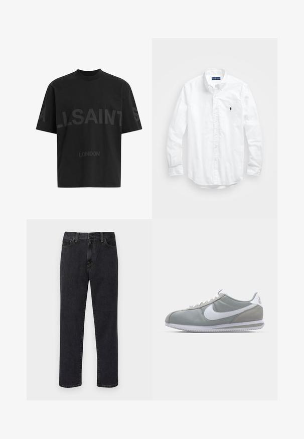 Čierne bavlnené tričko s voľným strihom, na prednej strane s veľkým tónovaným nápisom „ALLSAINTS“ a textom „LONDON“. Krátke rukávy, okrúhly výstrih.; Biele dlhé rukávy košele so zapínaním na gombíky z bavlny. Má klasický golier, gombíkové manžety a malú tmavomodrú vyšitú logo na hrudi.; Čierne rovné džínsy s prednými vreckami, pútkami na opasok a gombíkovým zapínaním, vystavené na bielom pozadí.; Sivé športové tenisky s vrchom z semišu a textilu, bielym logom Nike a bielymi šnúrkami. Majú štruktúrovanú gumenú podrážku a polstrovaný golier.