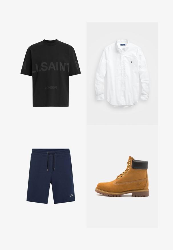 Čierne pánske oversized tričko s tmavosivým textom "ALLSAINTS" cez hruď a menšími písmenami "LONDON" pod ním.; Biele dlhé rukávy košele so zapínaním na gombíky z bavlny. Má klasický golier, gombíkové manžety a malú tmavomodrú vyšitú logo na hrudi.; Námornícky modré bavlnené šortky s elastickým pásom, so šnúrkou na stiahnutie, bočnými vreckami a bielym logom na dolnej ľavej nohe.; Tyrkysové semišové členkové topánky s čiernym polstrovaným golierom, zlatými kovovými očkami, bielym prešívaním a robustnou gumovou podrážkou s výraznými drážkami.