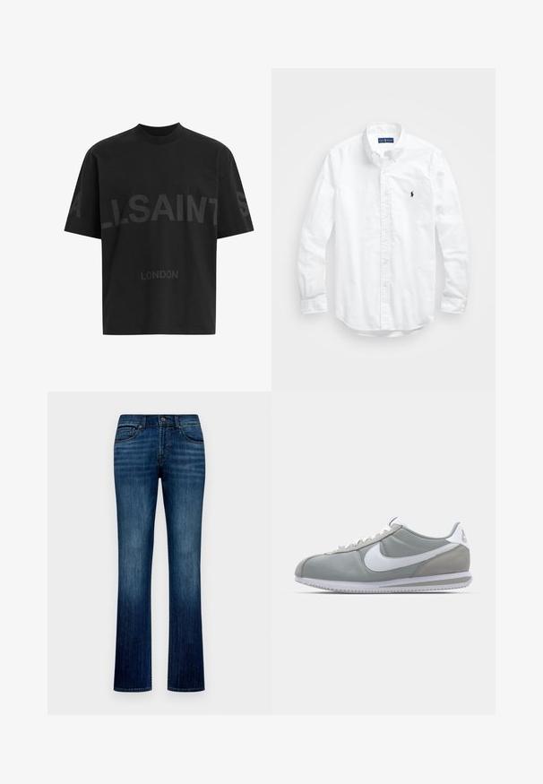 Black oversized T-shirt with dark grey "ALLSAINTS" text across chest and "LONDON" in smaller letters below.; White long-sleeve button-up shirt in cotton. Features a classic collar, button cuffs, and a small navy embroidered logo on the chest.; Dark blue denim jeans with a straight leg, five pockets, and a front button closure. The fabric has a smooth texture with a faded effect.; Gray athletic shoe with a suede and textile upper, white Nike swoosh, and white laces. Features a textured rubber sole and padded collar.