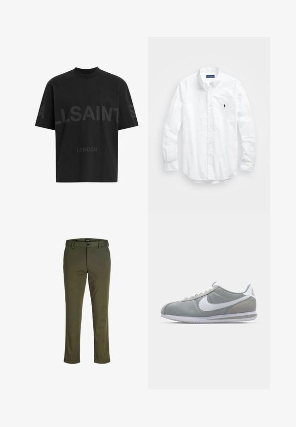 Schwarzes, übergroßes T-Shirt mit dunkelgrauem "ALLSAINTS"-Schriftzug über der Brust und "LONDON" in kleineren Buchstaben darunter.; Weißes Langarm-Hemd aus Baumwolle mit Knopfleiste. Es zeichnet sich durch einen klassischen Kragen, Knopfmanschetten und ein kleines, navyblaues gesticktes Logo auf der Brust aus.; Olivgrüne Hose aus glattem Stoff; mit Knopfverschluss, Gürtelschlaufen und geradem Bein mit sauberem Abschluss.; Graue Sportausstattung mit einem Obermaterial aus Wildleder und Textil, weißem Nike-Swoosh und weißen Schnürsenkeln. Verfügt über eine strukturierte Gummisohle und einen gepolsterten Kragen.