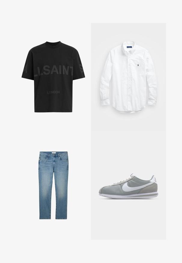 Cămășă oversized neagră cu text de culoare gri închis "ALLSAINTS" pe piept și "LONDON" în litere mai mici dedesubt.; Cămașă albă cu mânecă lungă și nasturi din bumbac. Are un guler clasic, manșete cu nasturi și un mic logo brodat în navy pe piept.; Jeanși din denim albastru cu un design drept, având cinci buzunare și o finisare ușor uzată. Țesătura are o textură netedă și o ușoară elasticitate.; Pantofii sport gri au un superior din suede și textil, cu simbolul Nike alb și șireturi albe. Dispun de o talpă din cauciuc texturat și un guler căptușit.
