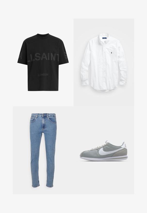 T-shirt nero oversize con il testo grigio scuro "ALLSAINTS" sul petto e "LONDON" in lettere più piccole sottostante.; Camicia bianca a maniche lunghe con bottoni in cotone. Presenta un colletto classico, polsini a bottone e un piccolo logo ricamato in blu navy sul petto.; Jeans slim-fit azzurri chiari con bottone frontale e zip, tasche anteriori e posteriori, esposti su sfondo bianco.; Scarpa sportiva grigia con tomaia in camoscio e tessuto, swoosh Nike bianco e lacci bianchi. Presenta una suola in gomma testurizzata e un collare imbottito.