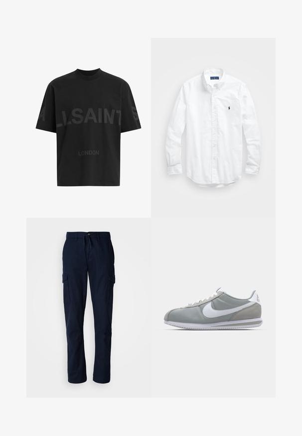 Musthave suuruses must T-särk tumedatest halli "ALLSAINTS" tekstiga rinnal ja väiksemate tähtedega all "LONDON".; Valge pikkade varrukatega kotitõmblusega särk puuvillast. Omab klassikalist kraed, nööpidega mansette ja väikest tumesinist tikandit rinnal.; Tumed sinised cargo püksid, mis on valmistatud vastupidavast kangast, kahe külgtaskuga ja reguleeritava kummitusseotav vöökoht.; Hallitus hallikets pro piletse ja teki, valge Nike swoosh ja valged paelad. Omab tekstuuriga kummitalda ja polsterdatud krae.