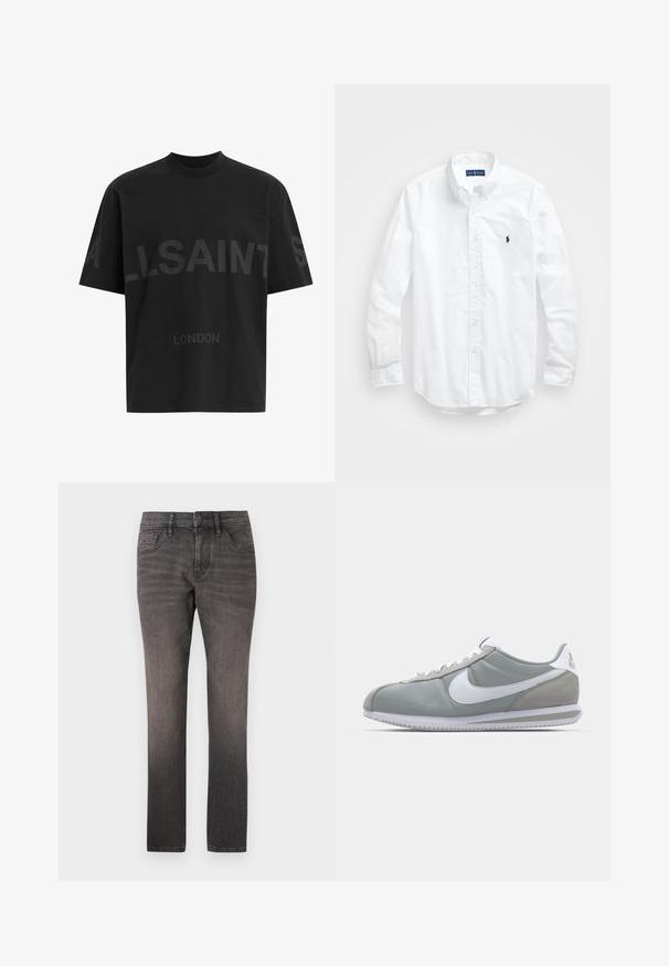T-shirt oversized preta com texto em cinza escuro "ALLSAINTS" ao longo do peito e "LONDRES" em letras menores abaixo.; Camisa de botões de manga longa branca em algodão. Apresenta um colarinho clássico, punhos com botão e um pequeno logótipo bordado em azul-marinho no peito.; TOM TAILOR JOSH - Calças de ganga de perna direita - used dark stone black denim; Sapatilha atlética cinza com um cabedal em camurça e têxtil, símbolo Nike branco e atacadores brancos. Apresenta uma sola de borracha texturizada e colarinho acolchoado.