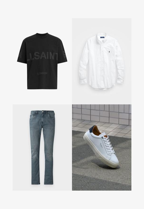 Fekete pamut póló laza fazonnal, melyen nagy tónusos "ALLSAINTS" felirat és "LONDON" szöveg látható az elején. Rövid ujjú, kerek nyakú.; Fehér, hosszú ujjú, gombos férfiing pamutból. Klasszikus gallérral, gombos mandzsettával és egy kis sötétkék hímzett logóval a mellrészen.; Férfi kék farmernadrág slim fit szabásban, öt zsebbel, gombos záródással és enyhén kopott textúrával.; Fehér bőr sneaker sötétkék sarkúval, kerek orral és kontrasztos barna részletekkel. Lapított fűzőkkel és textúrált gumitalppal rendelkezik.