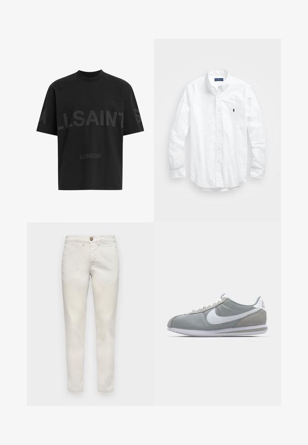 T-shirt noir surdimensionné avec le texte "ALLSAINTS" en gris foncé sur la poitrine et "LONDON" en lettres plus petites en dessous.; Chemise blanche à manches longues en coton. Dotée d'un col classique, de poignets à boutons et d'un petit logo brodé bleu marine sur la poitrine.; Pantalons en coton beige avec une coupe slim, dotés d'une fermeture à bouton, de poches latérales et d'une texture lisse. Longueur standard avec ourlets retroussés.; Chaussure de sport grise avec une tige en daim et textile, logo Nike en blanc et lacets blancs. Elle dispose d'une semelle en caoutchouc texturée et d'un collier rembourré.
