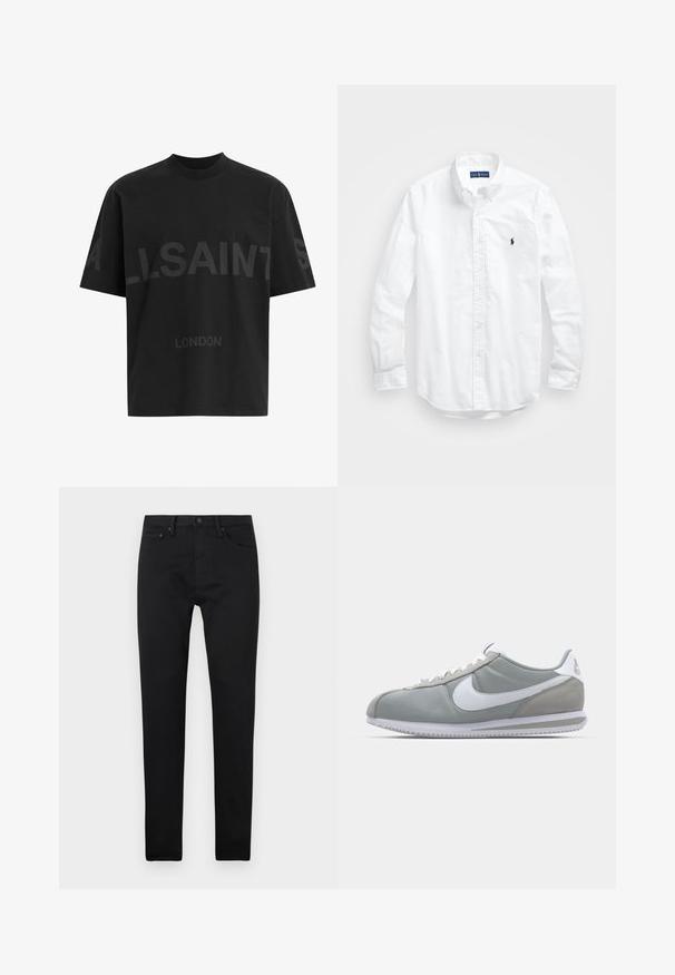 Melna pārstrādāta T-kreklā ar tumši pelēku "ALLSAINTS" tekstu pār krūtīm un "LONDON" mazākā izmērā zem tā.; Balta garām piedurknēm pogājamā krekla izgatavots no kokvilnas. Iezīmē klasisku apkakli, poga aproces un mazu tumši zilu izšūtu logo uz krūšu.; Melni figūru pieguļoši džinsi ar piecām kabatām, pogu aizdari un jostas cilpām, attēloti uz vienkārša balta fona.; Pelēkie sporta apavi ar zamša un tekstila augšu, balto Nike logotipu un baltiem šņorēm. Iezīmējas ar strukturētu gumijas zoli un mīkstu apkaklīti.