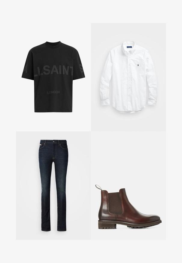 Camiseta negra de gran tamaño con el texto en gris oscuro "ALLSAINTS" en el pecho y "LONDON" en letras más pequeñas debajo.; Camisa blanca de manga larga de algodón con botones. Presenta un cuello clásico, puños con botones y un pequeño logo bordado en azul marino en el pecho.; Jeans ajustados de color azul oscuro con cierre de botón y cremallera, diseño de cinco bolsillos y un ligero desgastado en los muslos y las rodillas.; Botas Chelsea de cuero marrón con paneles laterales elásticos, tira de agarre y suela de goma texturizada. Acabado liso con un tacón bajo robusto.