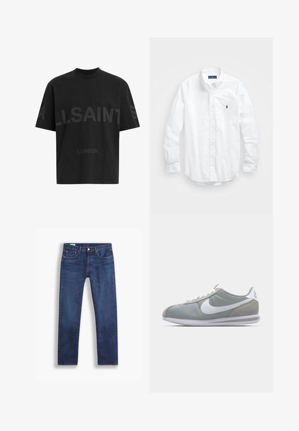 Crna oversize majica s tamnosivim natpisom "ALLSAINTS" preko prsiju i "LONDON" manjim slovima ispod.; Bijela košulja dugih rukava s gumbima izrađena od pamuka. Ima klasični ovratnik, gumbaste manžete i mali brodasti logo u tamnoplavoj boji na prsima.; Tamno plavi traperice ravnog kroja s klasičnim pet džepovima i zatvaranjem na gumb, prikazane na bijeloj pozadini.; Sive sportske tenisice s gornjim dijelom od antilopa i tekstila, bijelim Nike swooshom i bijelim vezicama. Imaju teksturirani gumeni đon i podstavljeni ovratnik.