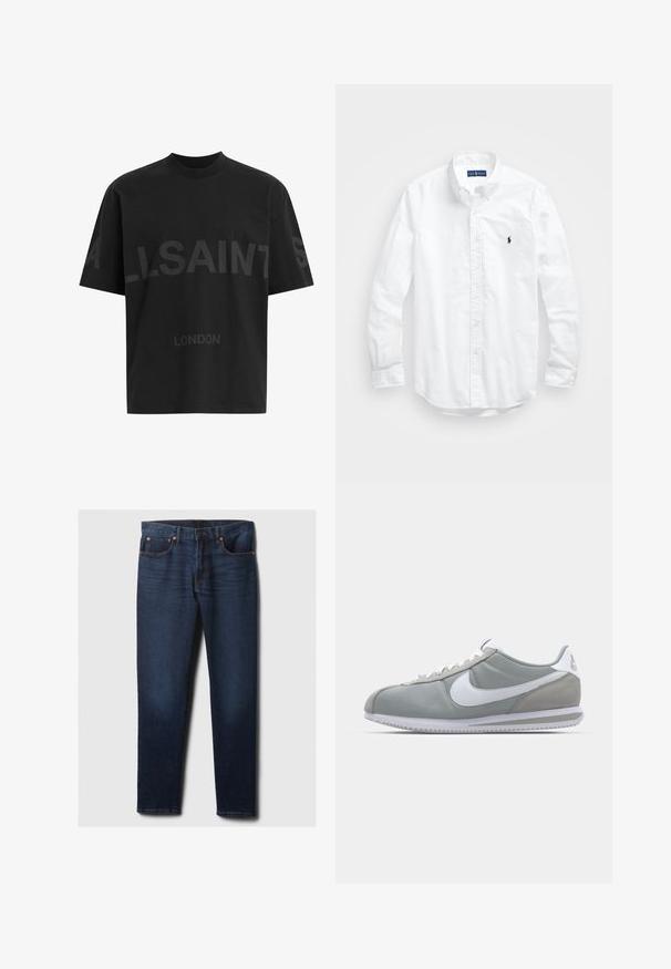 Mustat ylisuuret T-paidat, joissa on tummanharmaa "ALLSAINTS" -teksti rinnassa ja "LONDON" pienemmillä kirjaimilla alapuolella.; Valkoinen pitkähihaisessa napitetussa paidassa, joka on valmistettu puuvillasta. Siinä on klassinen kaulus, napilliset hihansuut ja pieni tummansininen brodeerattu logo rinnassa.; Tummansiniset slim-fit farkut, joissa on lievää kulumista etupolvissa, kupariset niitit ja klassinen viiden taskun tyyli, asetettuna litteäksi valkoiselle taustalle.; Harmaa urheilujalkine, jossa on mokka- ja tekstiilipäällinen, valkoinen Nike-tikkukiinnitys ja valkoiset nauhat. Varusteena on kuvioitu kumipohja ja pehmustettu nilkkaosa.