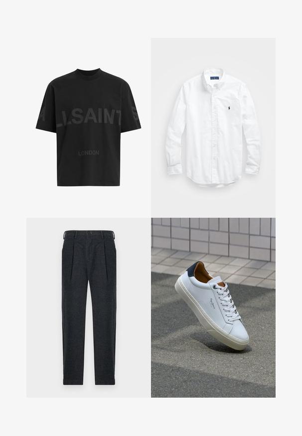 Μαύρο oversized T-shirt με σκούρο γκρι κείμενο «ALLSAINTS» στο στήθος και «LONDON» σε μικρότερα γράμματα από κάτω.; Λευκό πουκάμισο μακριά μανίκια με κουμπιά από βαμβάκι. Διαθέτει κλασικό γιακά, κουμπιά στα μανίκια και μικρό ναυτικό κεντημένο λογότυπο στο στήθος.; Γκρι παντελόνι από μείγμα μαλλιού με δύο πτυχές μπροστά, θηλιές ζώνης, πλαϊνές τσέπες και κλείσιμο με κουμπί. Σχεδίαση ίσιων ποδιών με λεία υφή.; Λευκό δερμάτινο αθλητικό παπούτσι με ναυτική φτέρνα, στρογγυλή μύτη και αντίθετα καφέ αξεσουάρ. Διαθέτει επίπεδους κορδόνες και υφή από καουτσούκ στη σόλα.