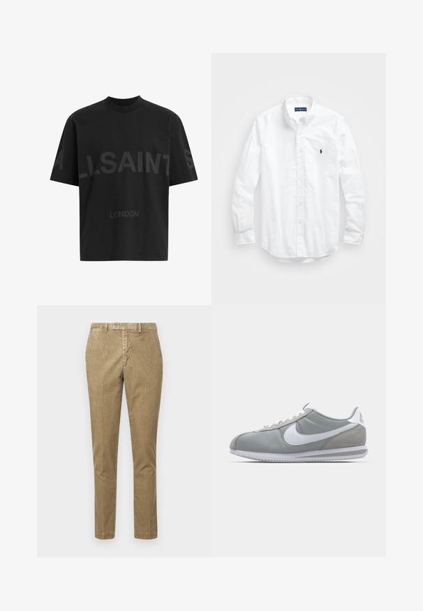 Črna oversize majica s短kimi rokavi z temno sivo napisano besedo "ALLSAINTS" čez prsi in "LONDON" v manjših črkah spodaj.; Bela dolg rokav srajca s gumbi iz bombaža. Ima klasičen ovratnik, gumbnice na zapestjih in majhen temno moder vezen logotip na prsih.; Bež kavbojke iz kordura s ravnim krojem, z gumbom za zapiranje in sprednjimi žepi. Gladka tekstura z vidnim rebrastim vzorcem.; Sive tenisice za šport z zgornjim delom iz semiša in tekstila, belim Nike swooshom in belimi vezalkami. Imajo strukturirano gumijasto podplat in oblazinjen ovratnik.