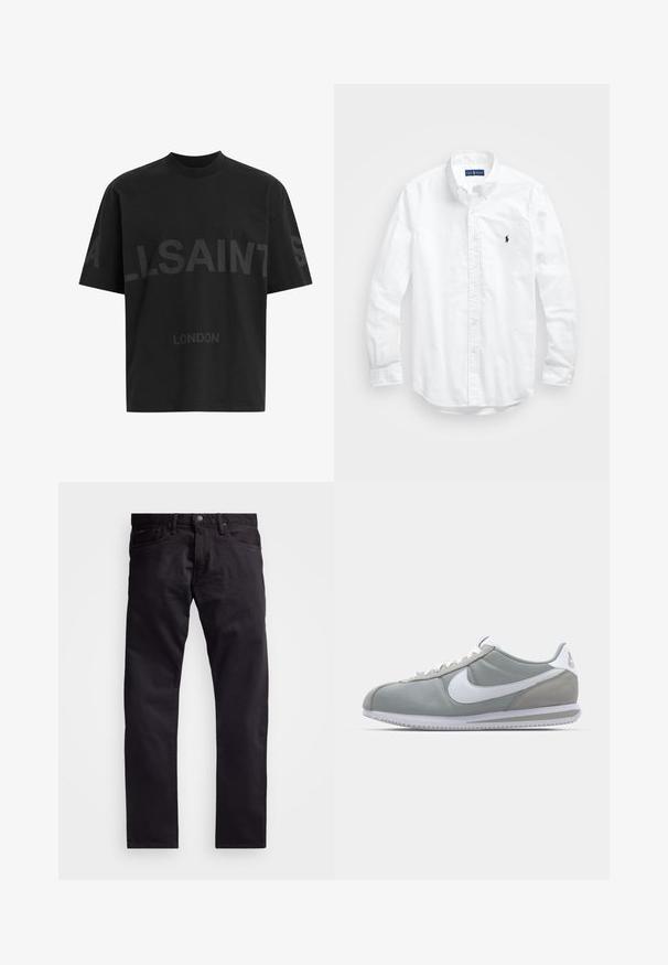 Musta puuvillainen rento t-paita, jossa suuri samansävyinen "ALLSAINTS" -kuvio ja "LONDON"-teksti edessä. Lyhyet hihat, pyöreä pääntie.; Valkoinen pitkähihaisessa napitetussa paidassa, joka on valmistettu puuvillasta. Siinä on klassinen kaulus, napilliset hihansuut ja pieni tummansininen brodeerattu logo rinnassa.; Mustat farkut suoranlahkeisella muotoilulla, joissa on nappi- ja vetoketjukiinnitys, viisi taskua ja hieman tekstuurinen kangas.; Harmaa urheilujalkine, jossa on mokka- ja tekstiilipäällinen, valkoinen Nike-tikkukiinnitys ja valkoiset nauhat. Varusteena on kuvioitu kumipohja ja pehmustettu nilkkaosa.